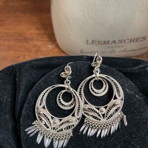 Vintage Silver Concentric  Filigree Hoop Earrings with Tassels